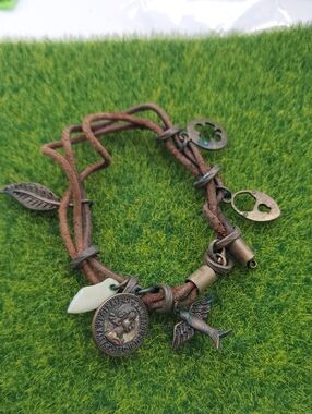 Boho Brown Leather Charm Bracelet with Bird & Coin Charms B3524
